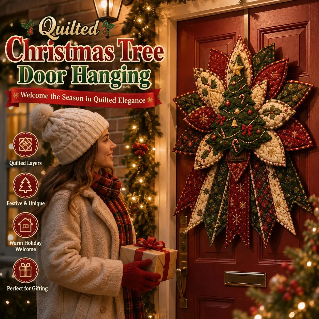 Woman admiring handmade quilted Christmas door hanging at front door