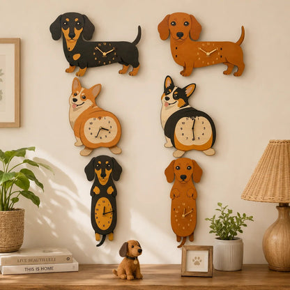 Six playful dachshund and corgi wooden wall clock designs display