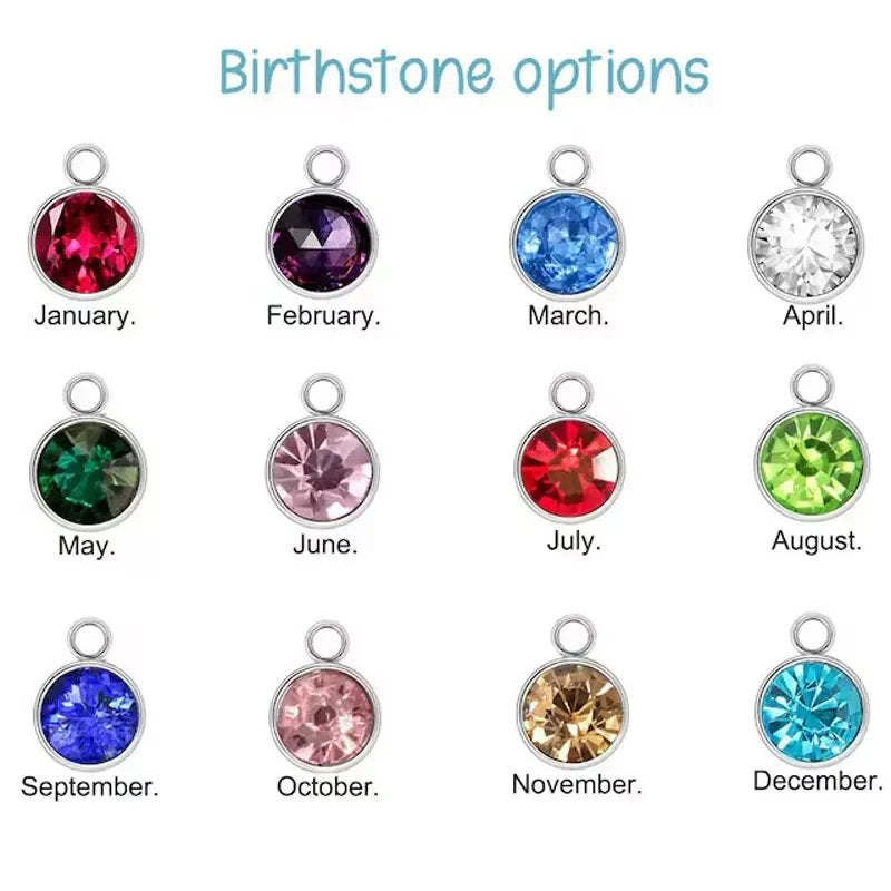 Birthstone options chart showing 12 monthly gemstone colors for the keychain