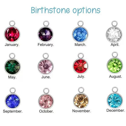 Birthstone options chart showing 12 monthly gemstone colors for the keychain