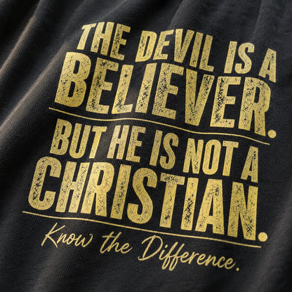 Close-up of distressed lettering on the Devil Believer Christian T-shirt