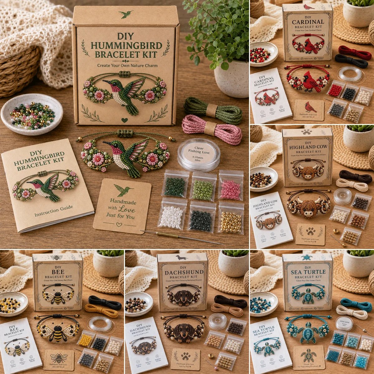 DIY beaded bracelet kit collection showing 15 animal designs
