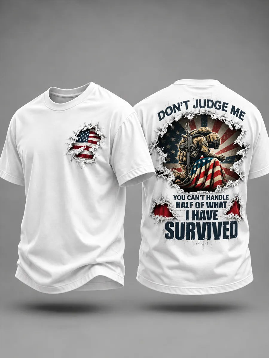 White veteran survivor T-shirt, torn flag on the chest and Don't Judge Me on the back