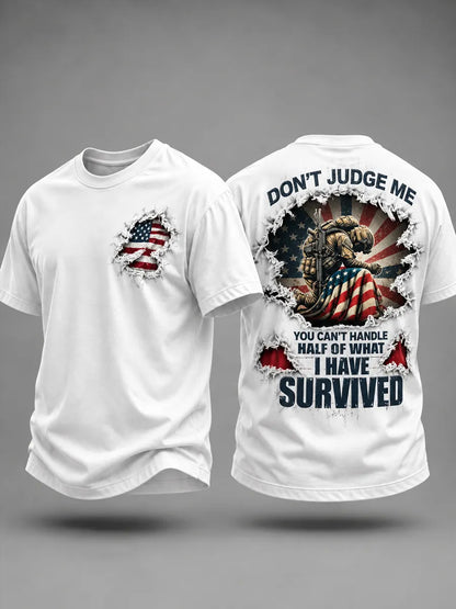White veteran survivor T-shirt, torn flag on the chest and Don't Judge Me on the back