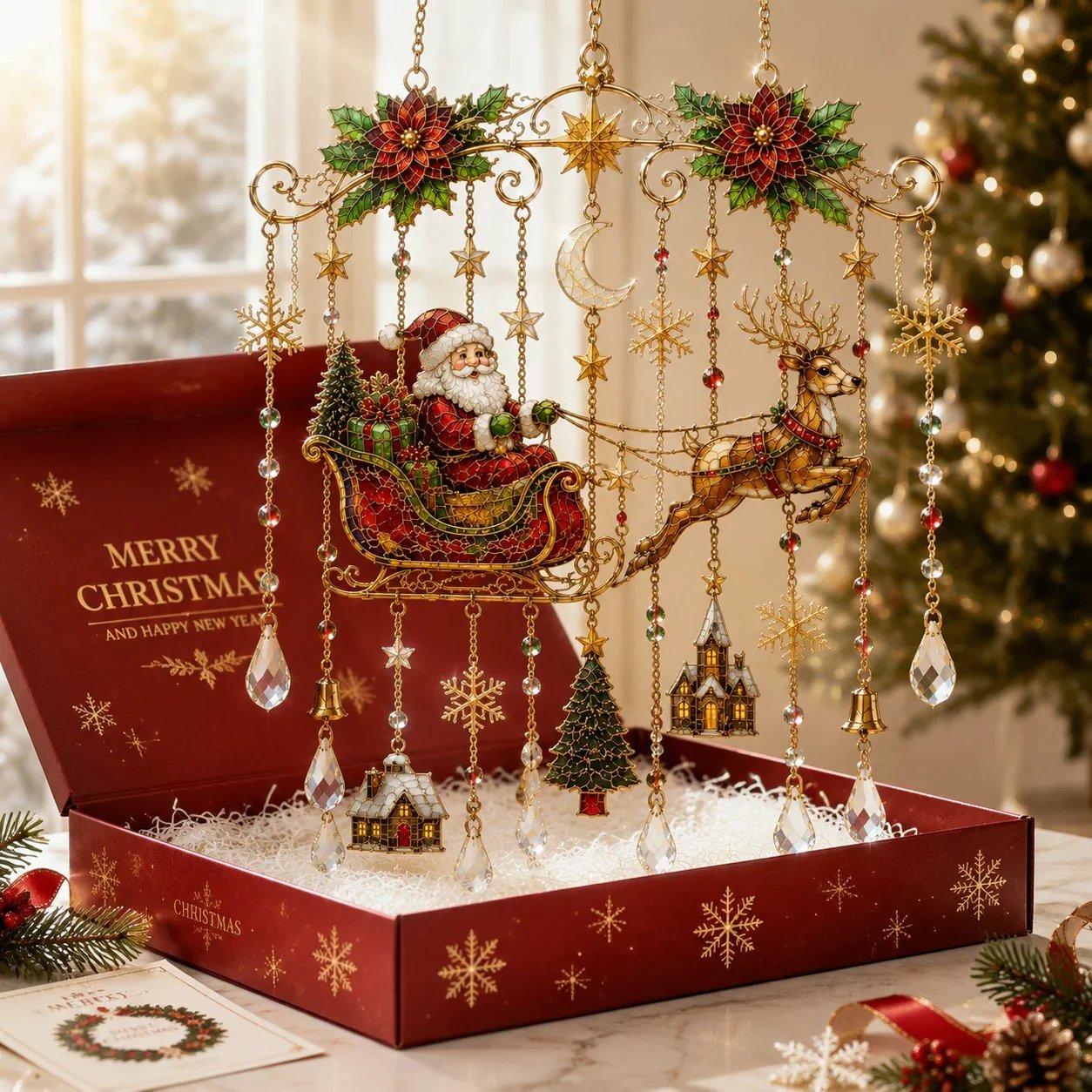 Santa Christmas stained glass window hanging in red gift box