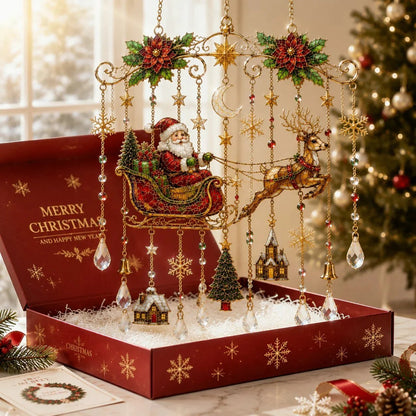 Santa Christmas stained glass window hanging in red gift box
