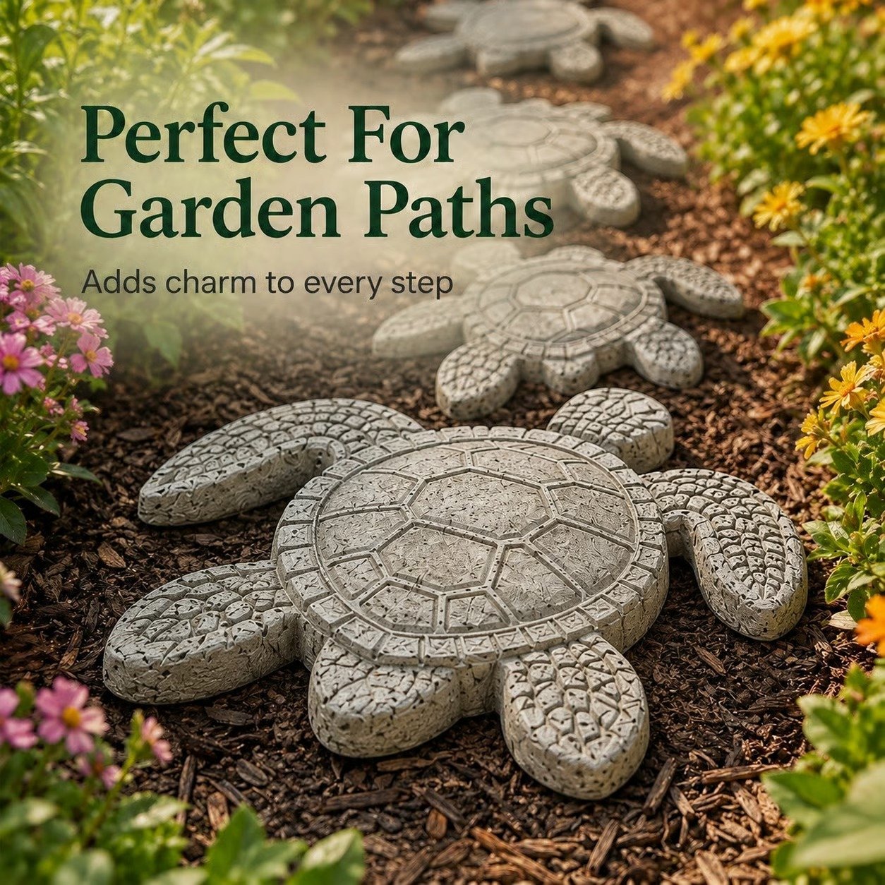 Sea turtle stepping stones along garden path pavement