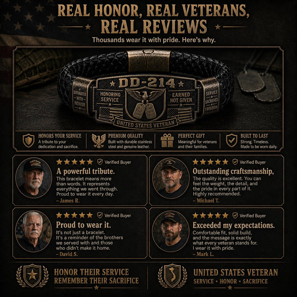 Real veteran reviews of the DD-214 Honor Bracelet — 5-star customer testimonials