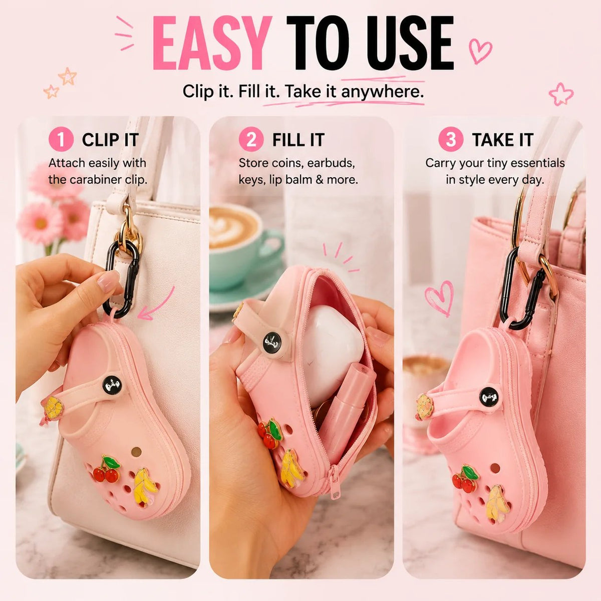 Mini clog charm pouch easy to use clip fill take three steps guide