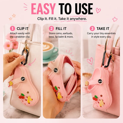 Mini clog charm pouch easy to use clip fill take three steps guide