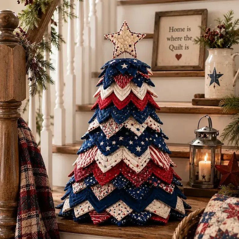 Americana quilt tree by staircase with Home is Where the Quilt Is sign