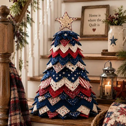 Americana quilt tree by staircase with Home is Where the Quilt Is sign