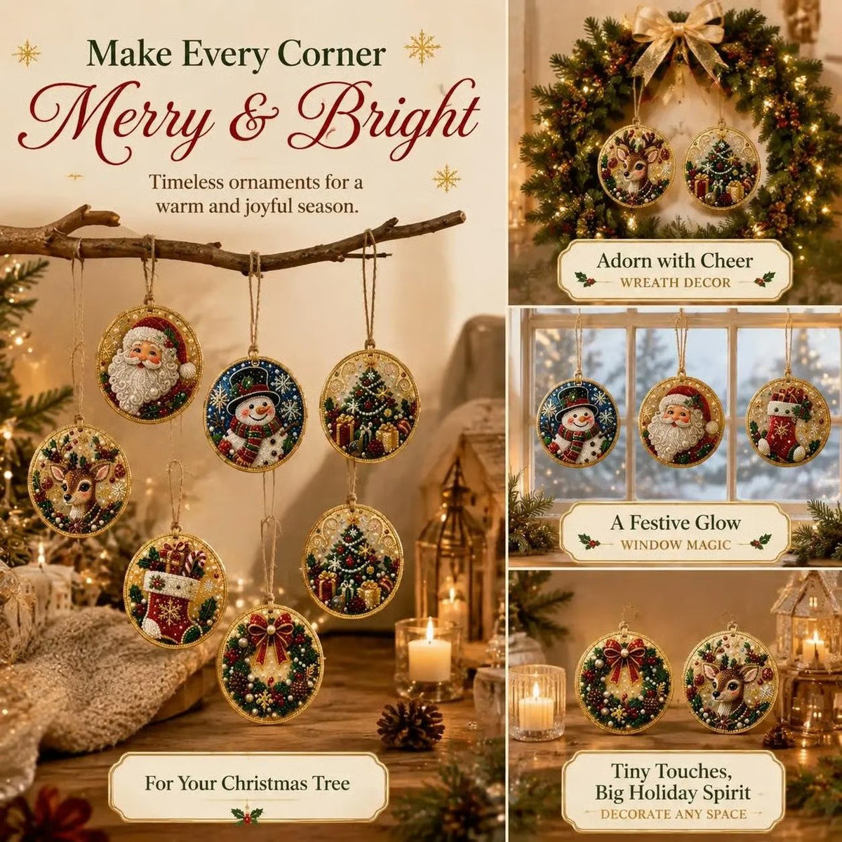 Finished Christmas diamond painting ornaments displayed on a tree