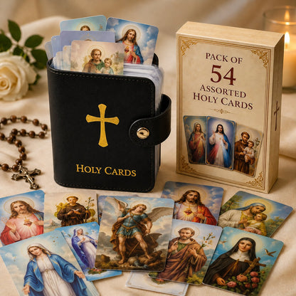 Black genuine leather holy card holder open showing inner card slots
