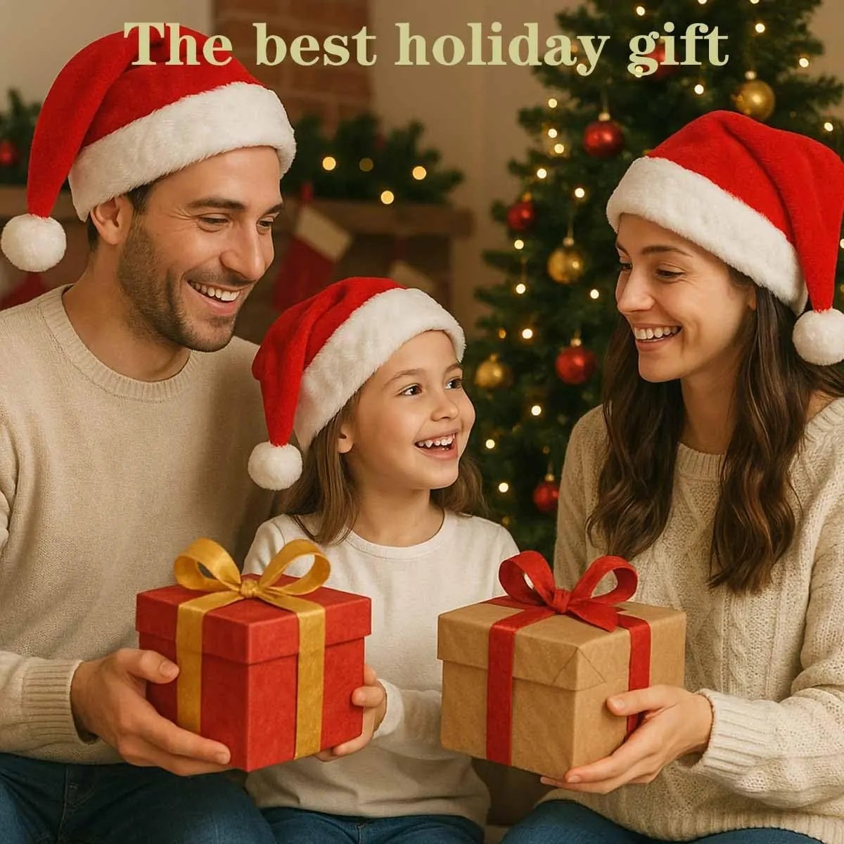 Family holiday gift moment at Christmas table dressed with vintage tablecloth