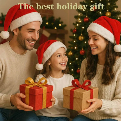 Family holiday gift moment at Christmas table dressed with vintage tablecloth