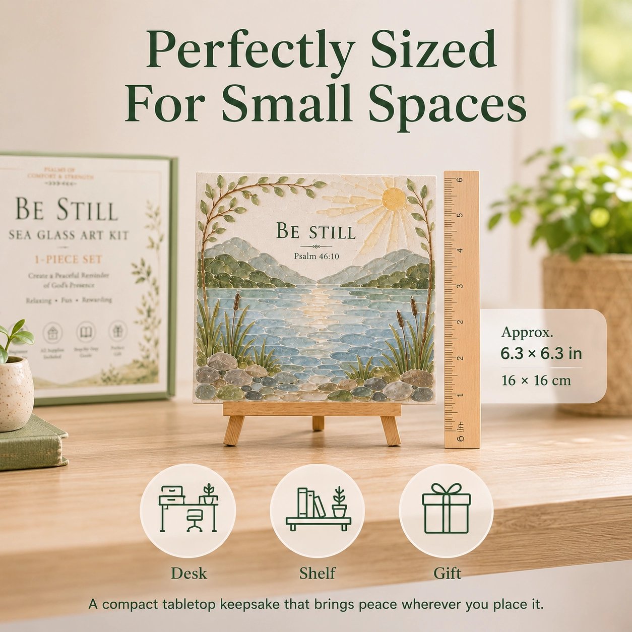 Sea glass art kit size chart 6.3 x 6.3 inches for desk shelf gift display