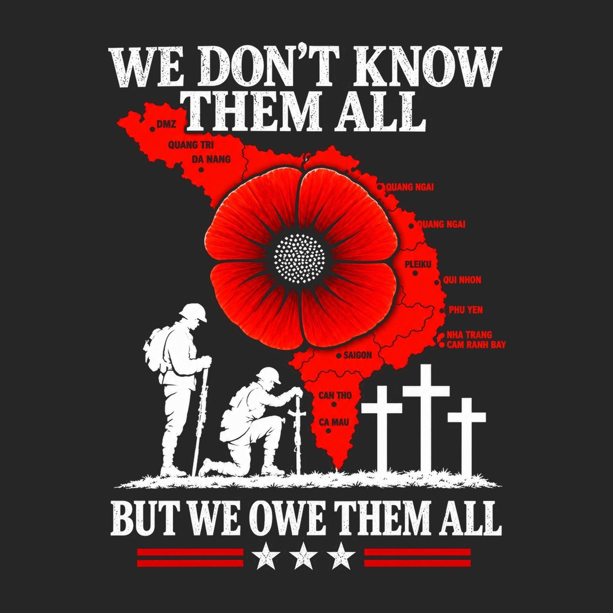Poppy remembrance T-shirt graphic with Vietnam map, soldiers and memorial crosses