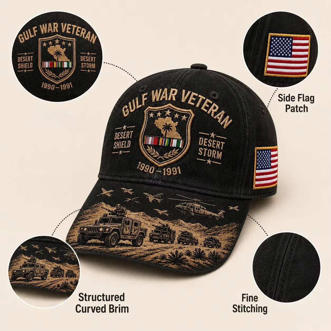 Gulf War Veteran cap side flag patch with fine stitching and reinforced construction