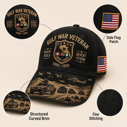 Gulf War Veteran cap side flag patch with fine stitching and reinforced construction