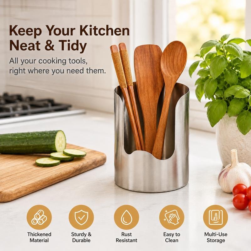 Stainless steel utensil organizer keeping cooking tools together on a kitchen counter