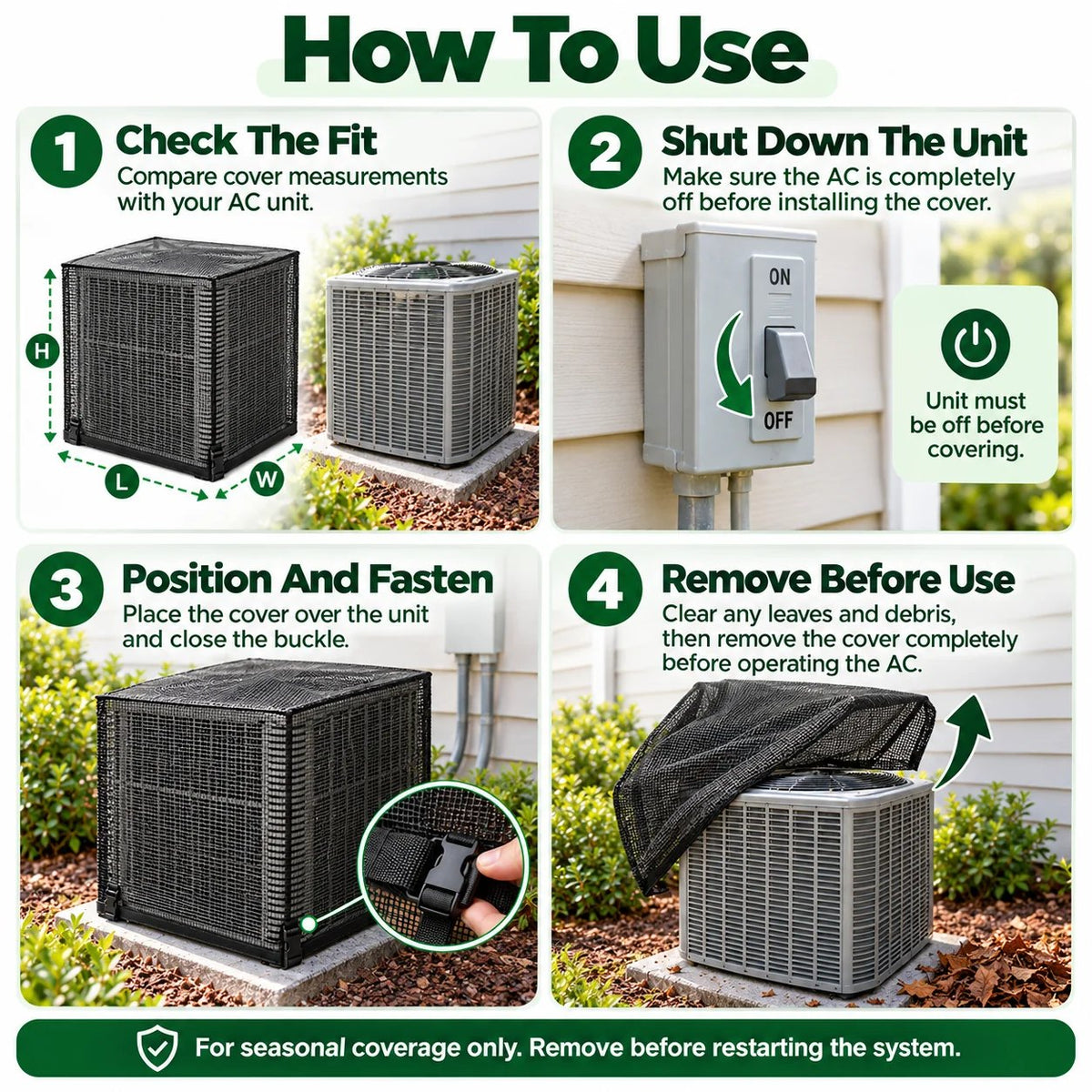 Outdoor AC mesh cover measuring, shutdown, fastening and removal steps