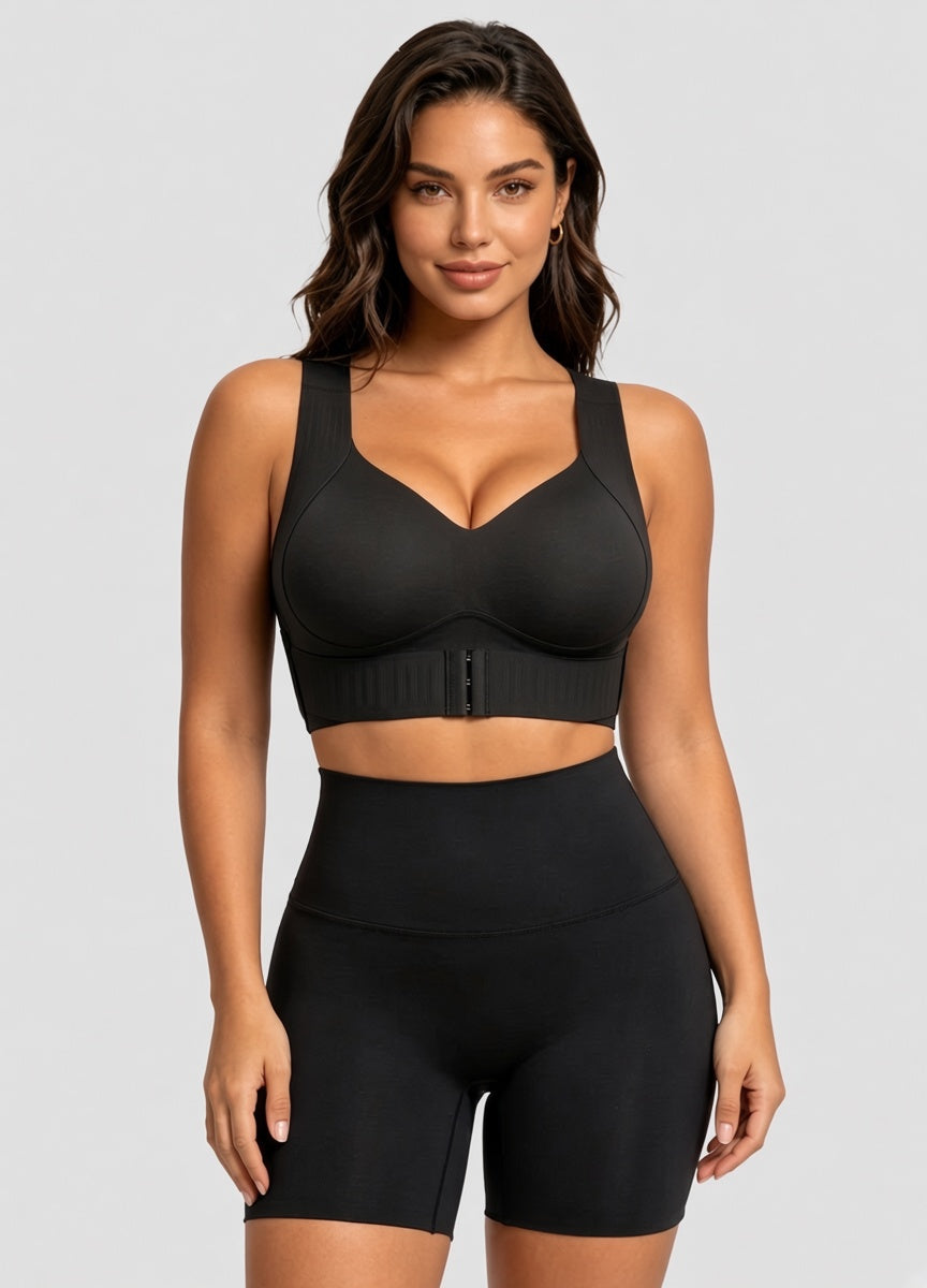 Black wireless support bra with adjustable front band