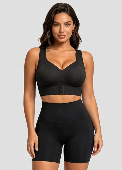 Black wireless support bra with adjustable front band