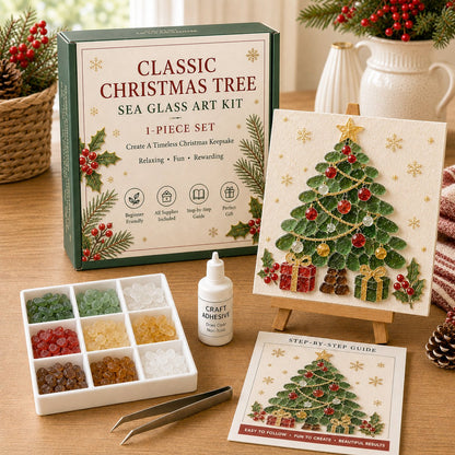 Classic Christmas tree sea glass art DIY kit with box and completed piece
