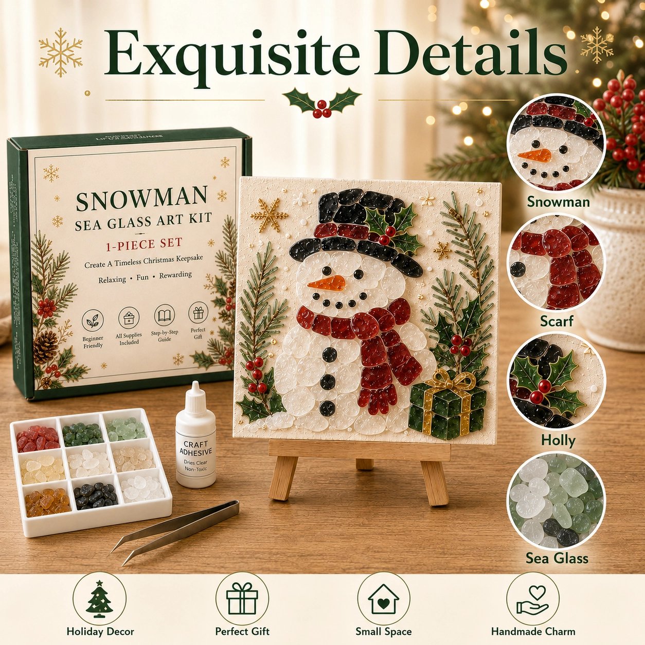 Close-up of frosted sea glass texture and exquisite Christmas artwork details