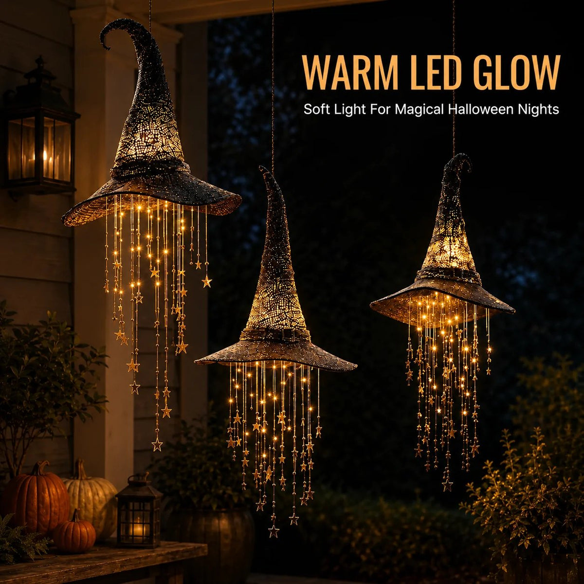 Warm LED glow witch hat hanging chime lighting up magical Halloween nights