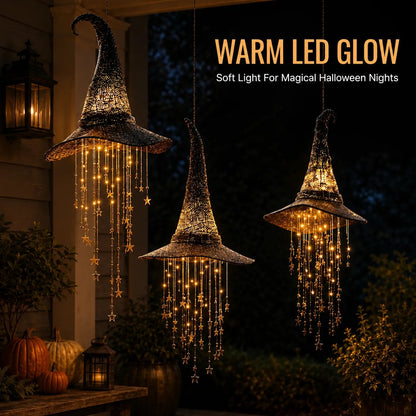 Warm LED glow witch hat hanging chime lighting up magical Halloween nights