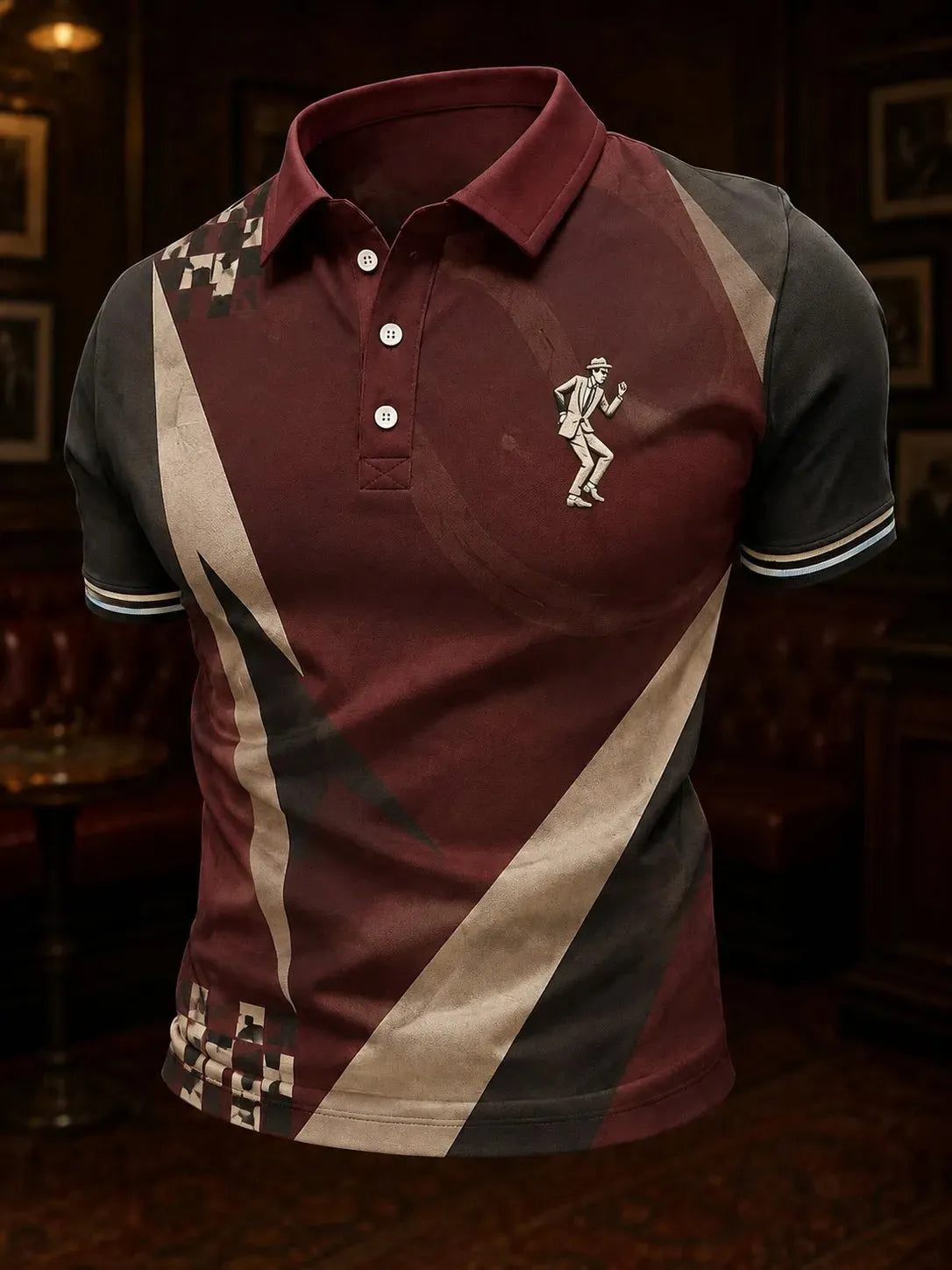 Burgundy ska dancer short sleeve polo with diagonal colorblocking and checkerboard accents
