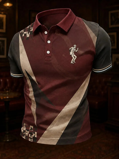 Burgundy ska dancer short sleeve polo with diagonal colorblocking and checkerboard accents