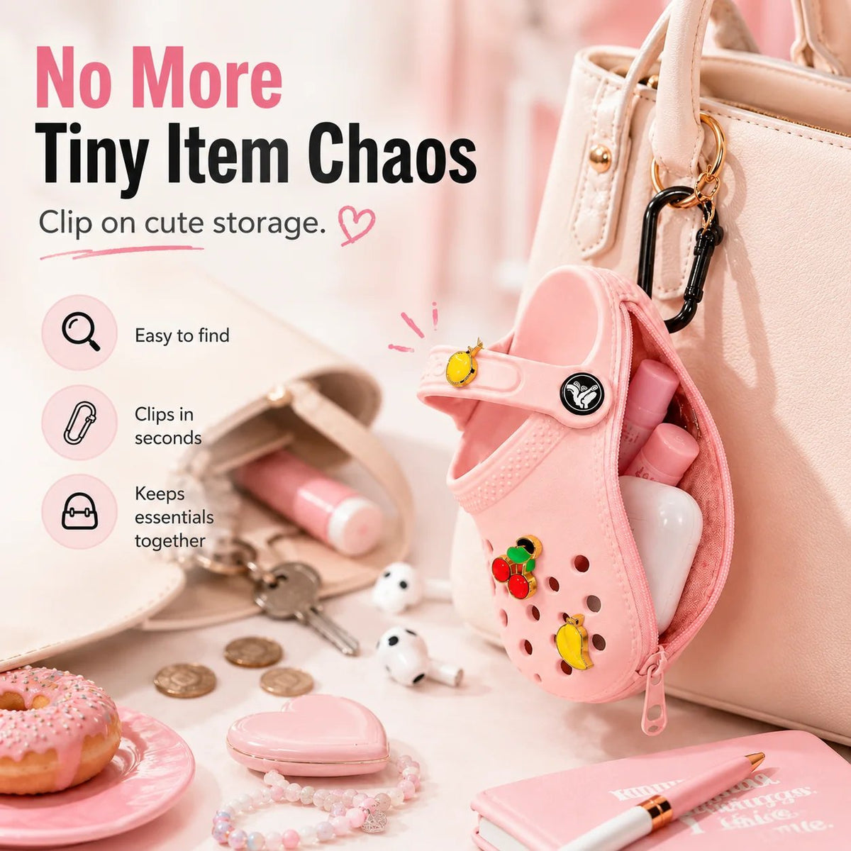 Mini clog charm pouch attached to handbag holds small essentials lifestyle