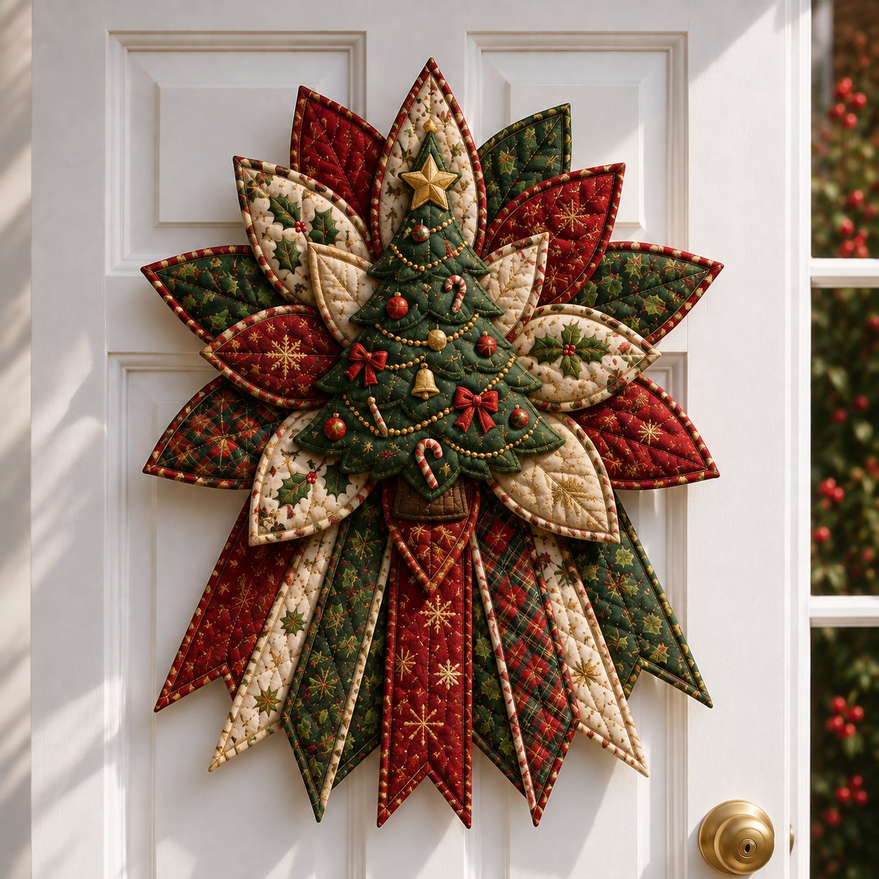 Handmade evergreen Christmas tree quilted door hanging with gold star topper