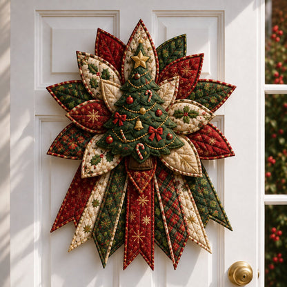 Handmade evergreen Christmas tree quilted door hanging with gold star topper