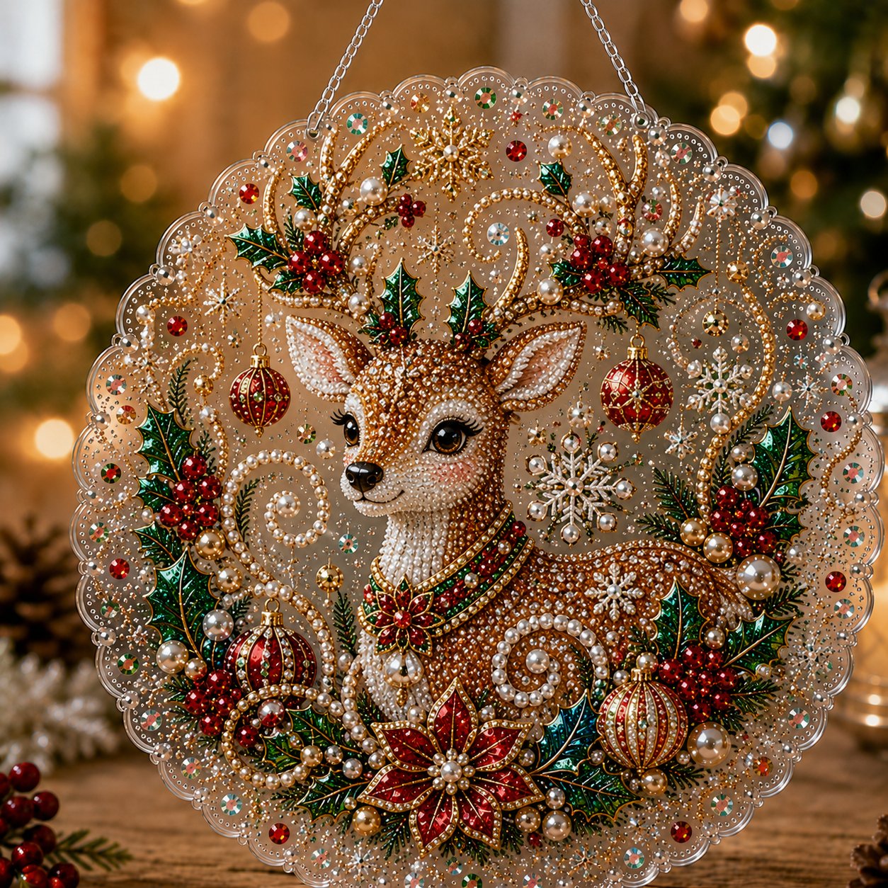 Reindeer pearl diamond art hanging ornament kit