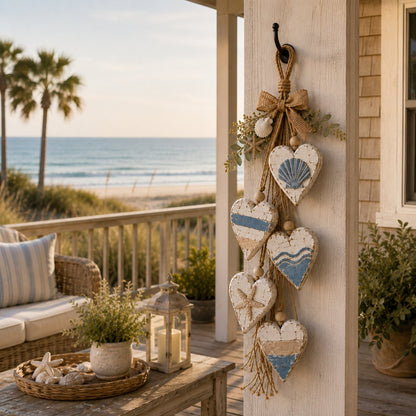 Coastal Blue hanging heart wall decor by beach front door
