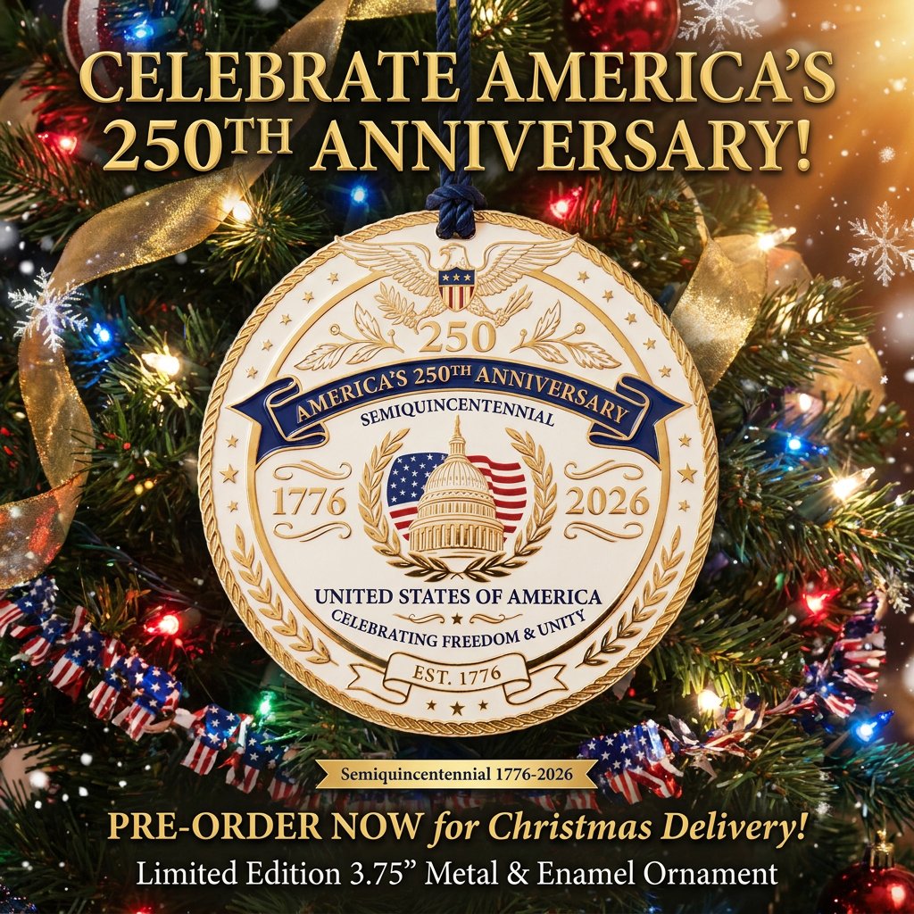 Celebrate America's 250th Anniversary limited edition 3.75 inch metal and enamel ornament poster