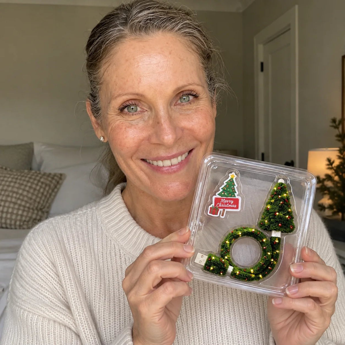 USB Christmas tree projector shown in its retail pack