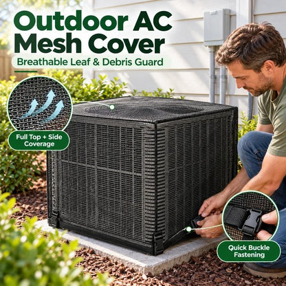 Outdoor AC mesh cover being fastened around an idle unit