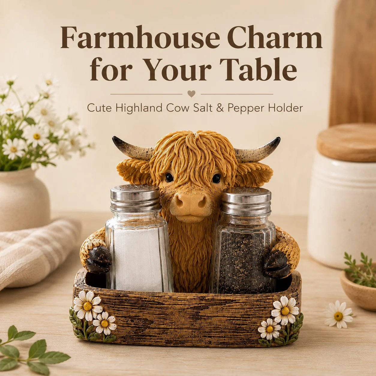 Highland cow salt pepper shaker hand-painted details closeup