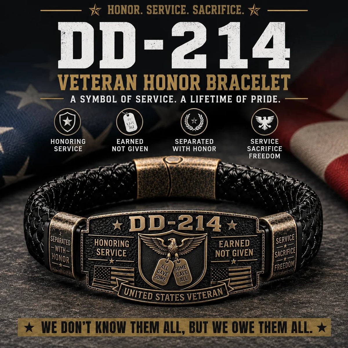 DD-214 Veteran Honor Bracelet hero poster — Service. Sacrifice. Honor.