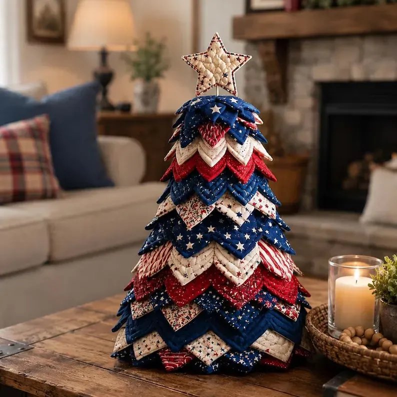 Americana quilt tree displayed on living room console with cozy decor