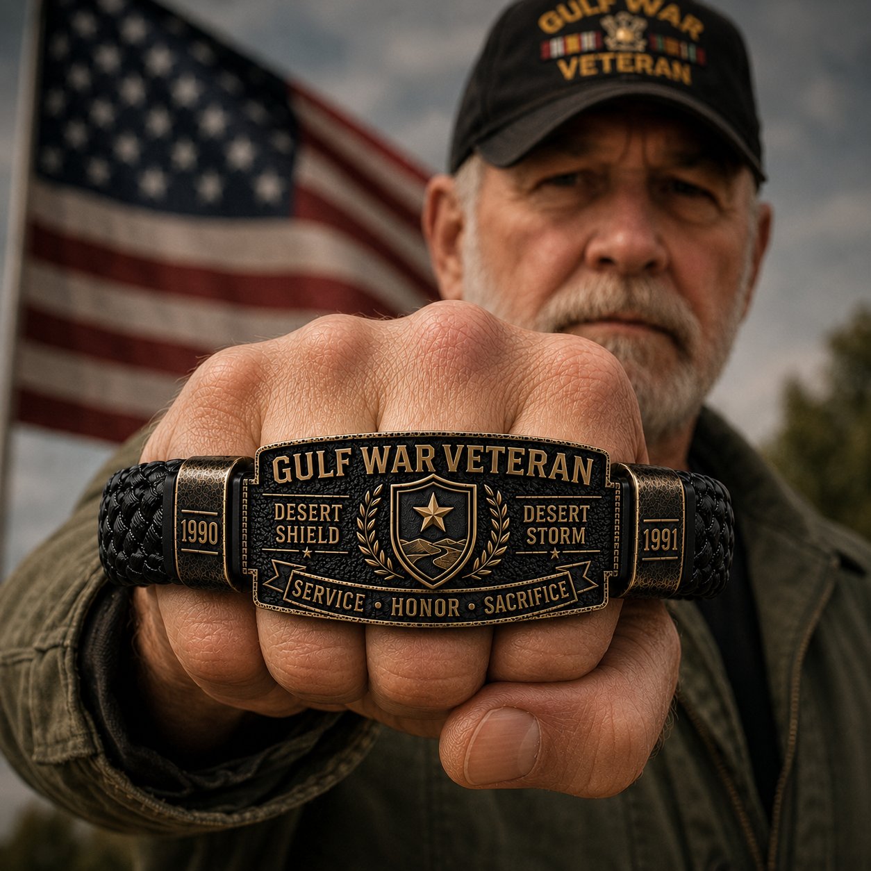 US Gulf War veteran holding Honor Bracelet with American flag in background