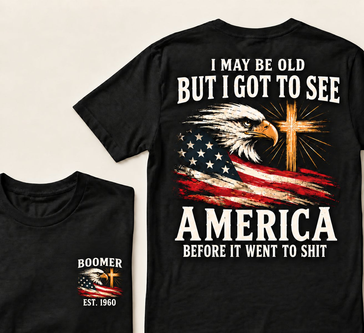 Black Boomer graphic T-shirt with vintage eagle, USA flag and cross, front and back