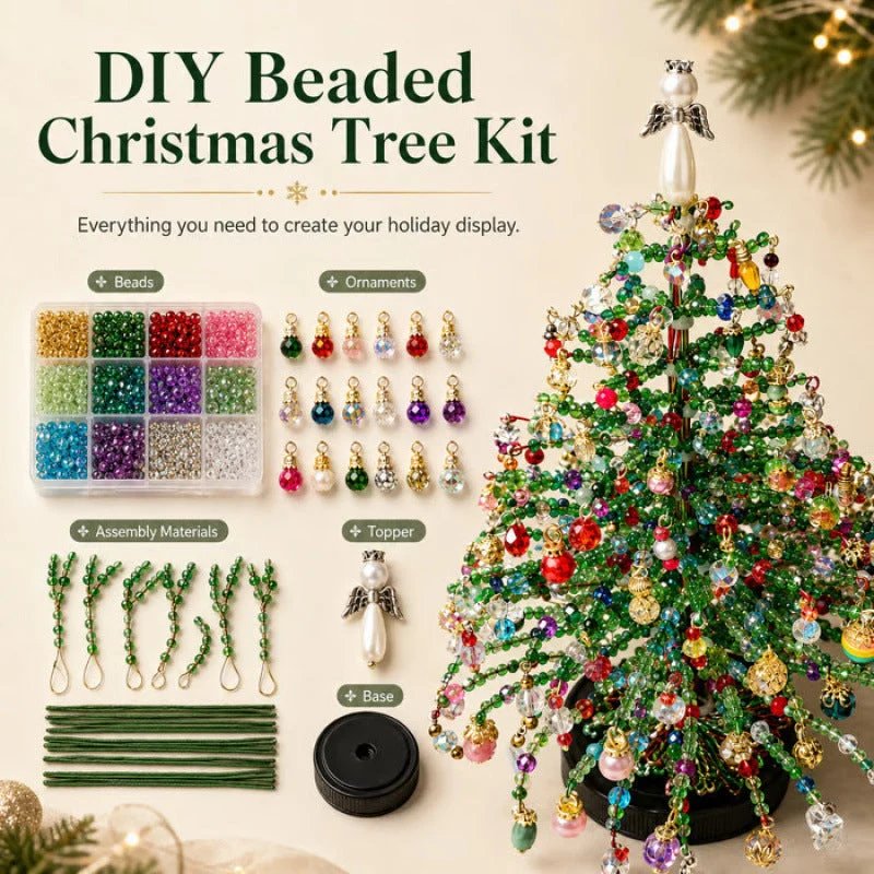 DIY Beaded Christmas Tree Kit contents showing beads wire base and angel topper