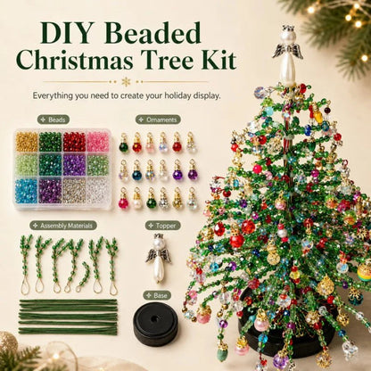 DIY Beaded Christmas Tree Kit contents showing beads wire base and angel topper