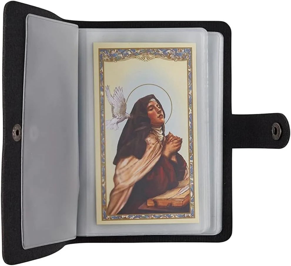 Black genuine leather Catholic holy card holder open showing inner card slots